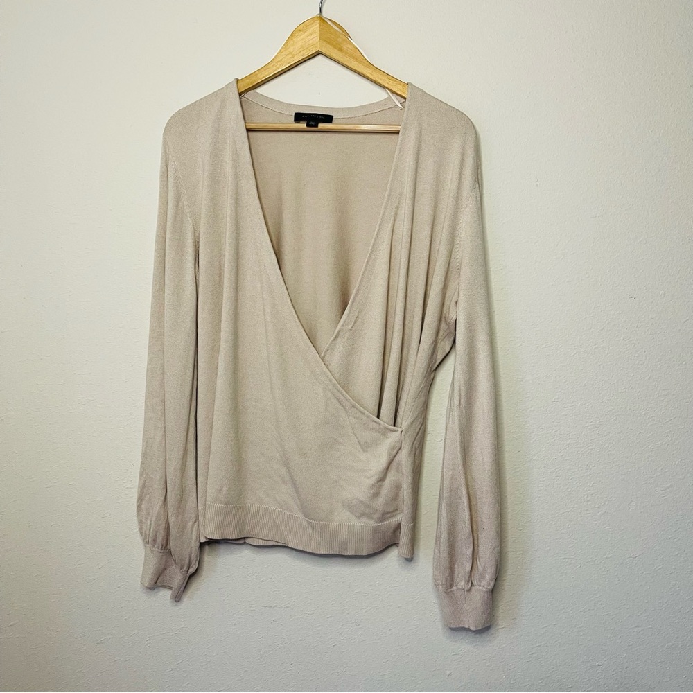 Ann Taylor Oatmeal Silk Blend Faux Wrap Bishop Sleeve Sweater